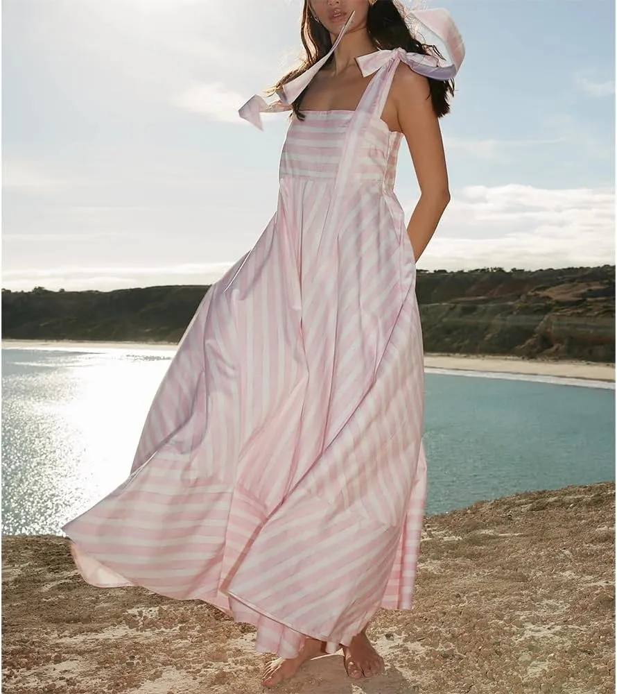 Women Boho Tie Shoulder Maxi Dress Vintage Floral Sleeveless Smocked Long Dress Summer Y2k Vacation Beach Flowy Dress