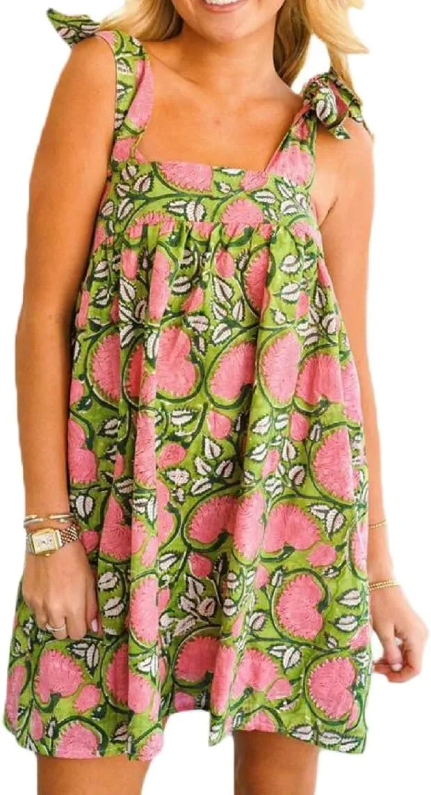 Women Cute Floral Mini Dress Boho Tie Shoulder Babydoll Short Dress Summer Ruffle Flowy Beach Vacation Sundress