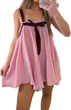Women Cute Floral Mini Dress Boho Tie Shoulder Babydoll Short Dress Summer Ruffle Flowy Beach Vacation Sundress