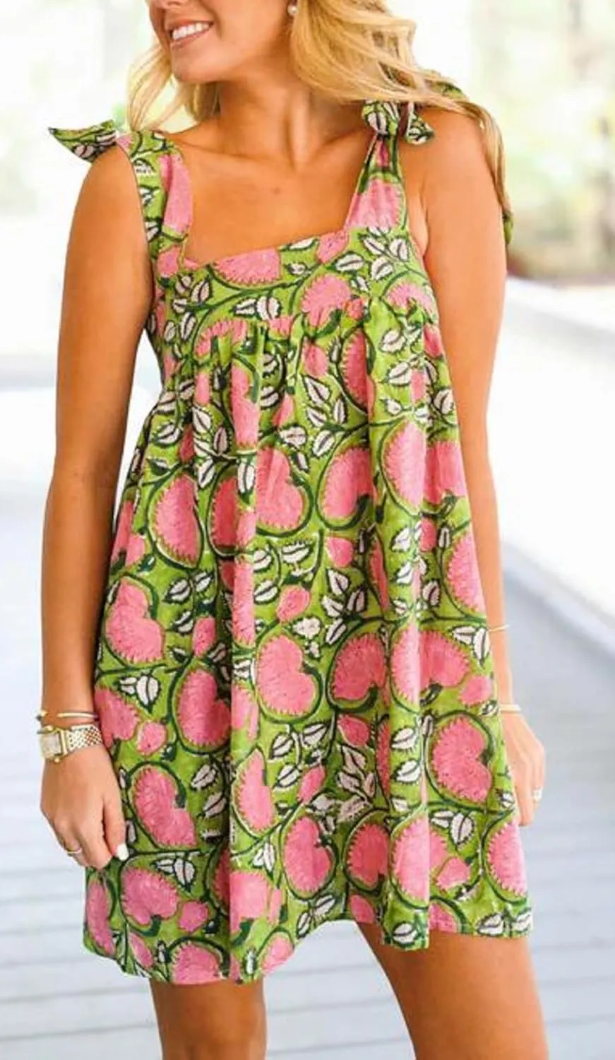 Women Cute Floral Mini Dress Boho Tie Shoulder Babydoll Short Dress Summer Ruffle Flowy Beach Vacation Sundress
