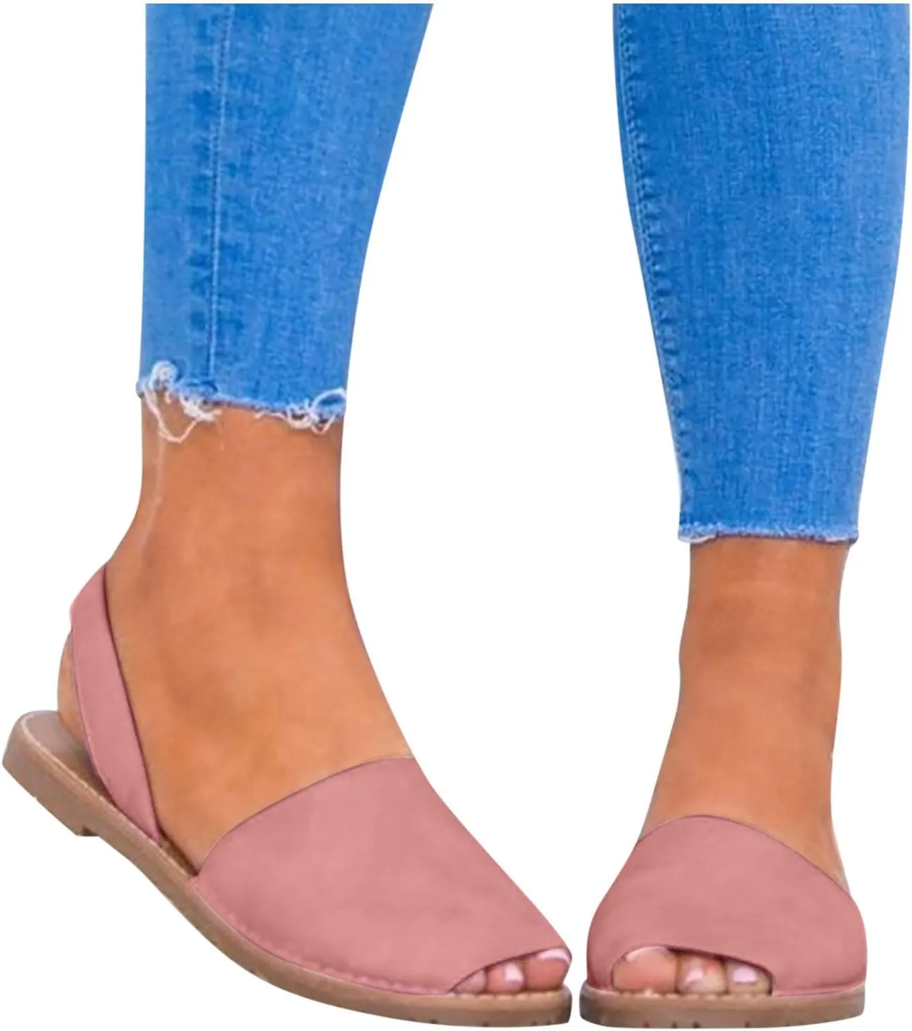 Women Flat Slip on Sandals Summer Casual Fish Mouth Open Toe Elastic Straps Sandals Solid Color Lightweight Comfortable Outdoor Ladies Shoes