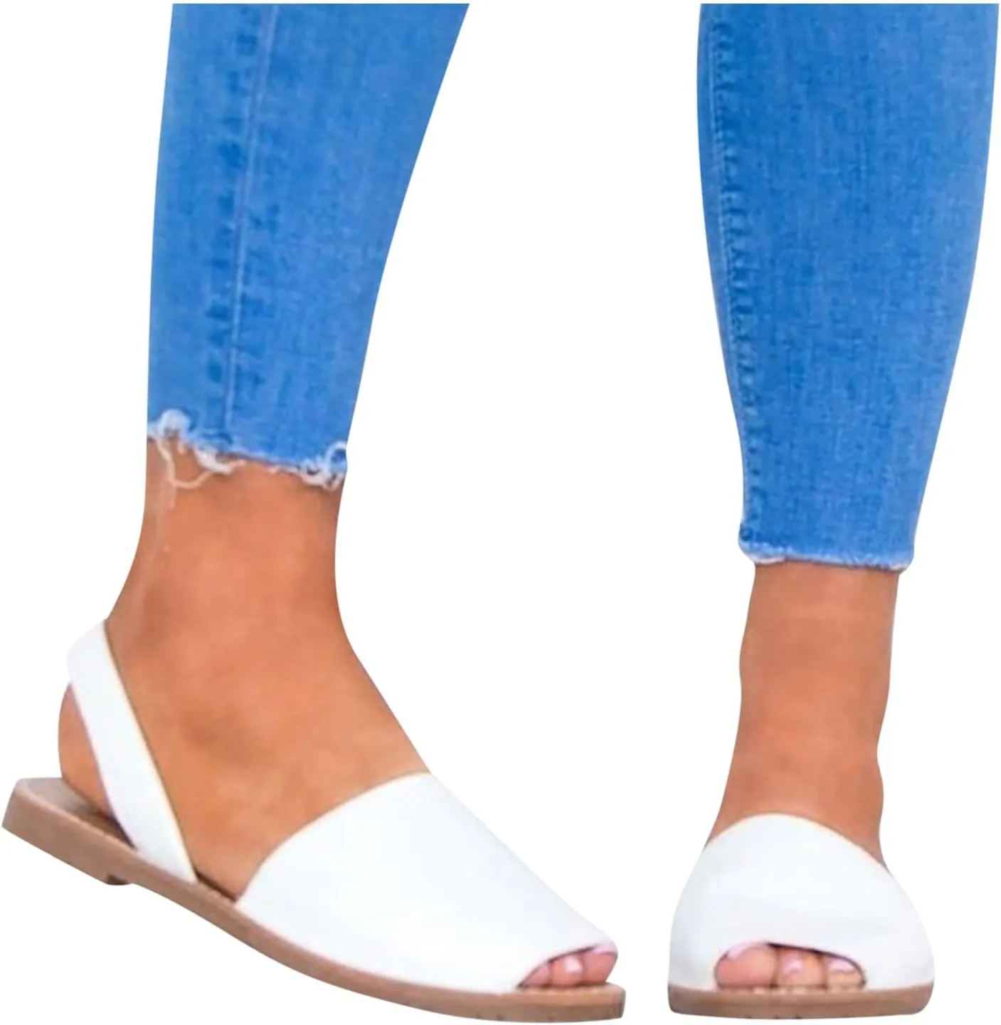 Women Flat Slip on Sandals Summer Casual Fish Mouth Open Toe Elastic Straps Sandals Solid Color Lightweight Comfortable Outdoor Ladies Shoes