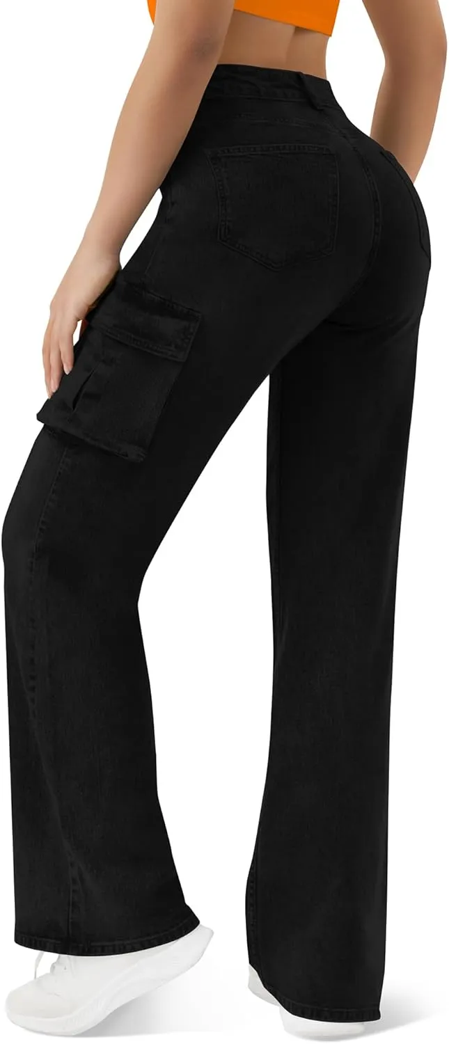 Women High Waisted Cargo Jean for Women with 6 Pockets Straight Wide Leg Jean Casual Baggy Pants