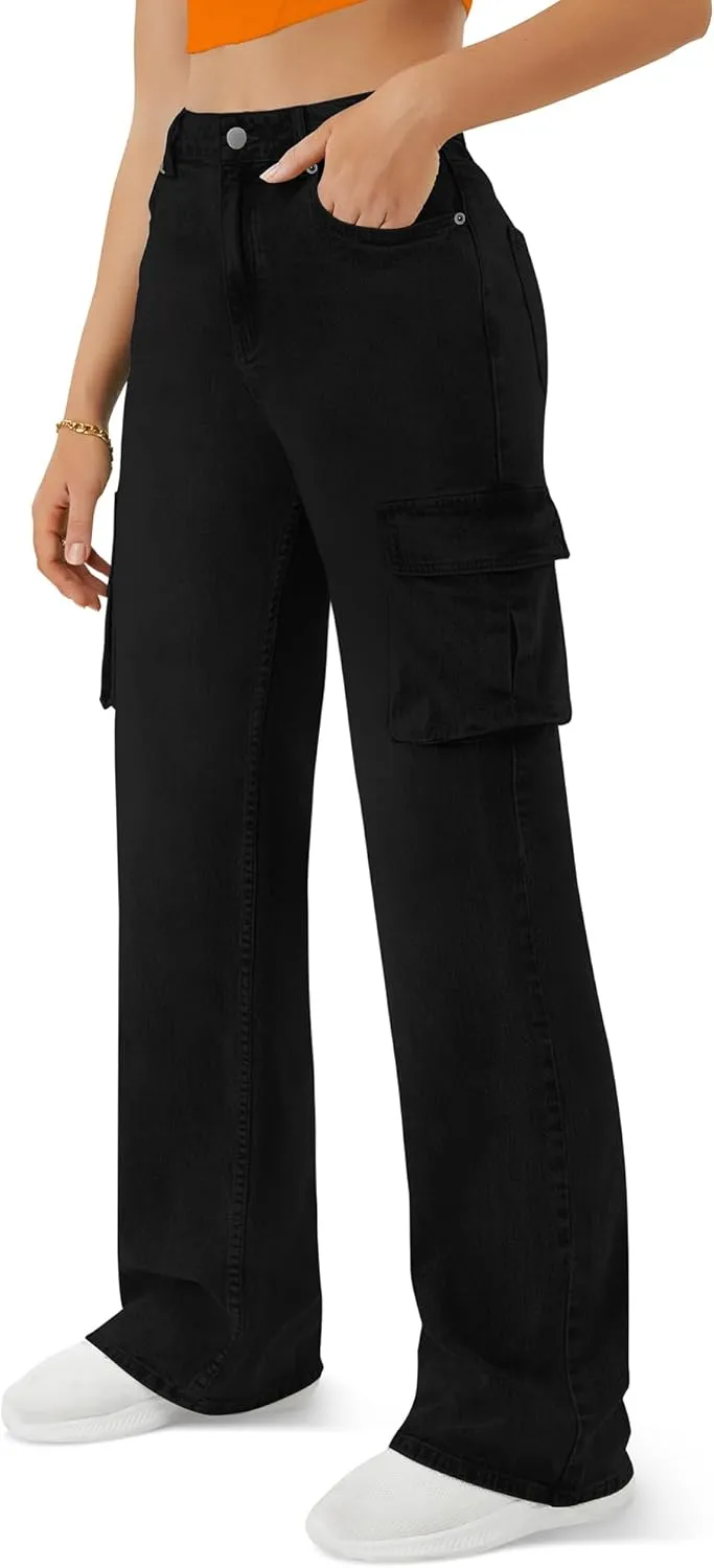 Women High Waisted Cargo Jean for Women with 6 Pockets Straight Wide Leg Jean Casual Baggy Pants