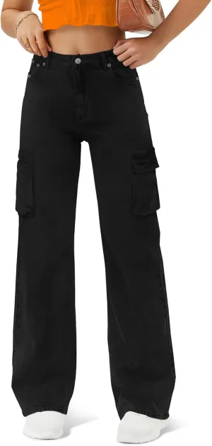 Women High Waisted Cargo Jean for Women with 6 Pockets Straight Wide Leg Jean Casual Baggy Pants