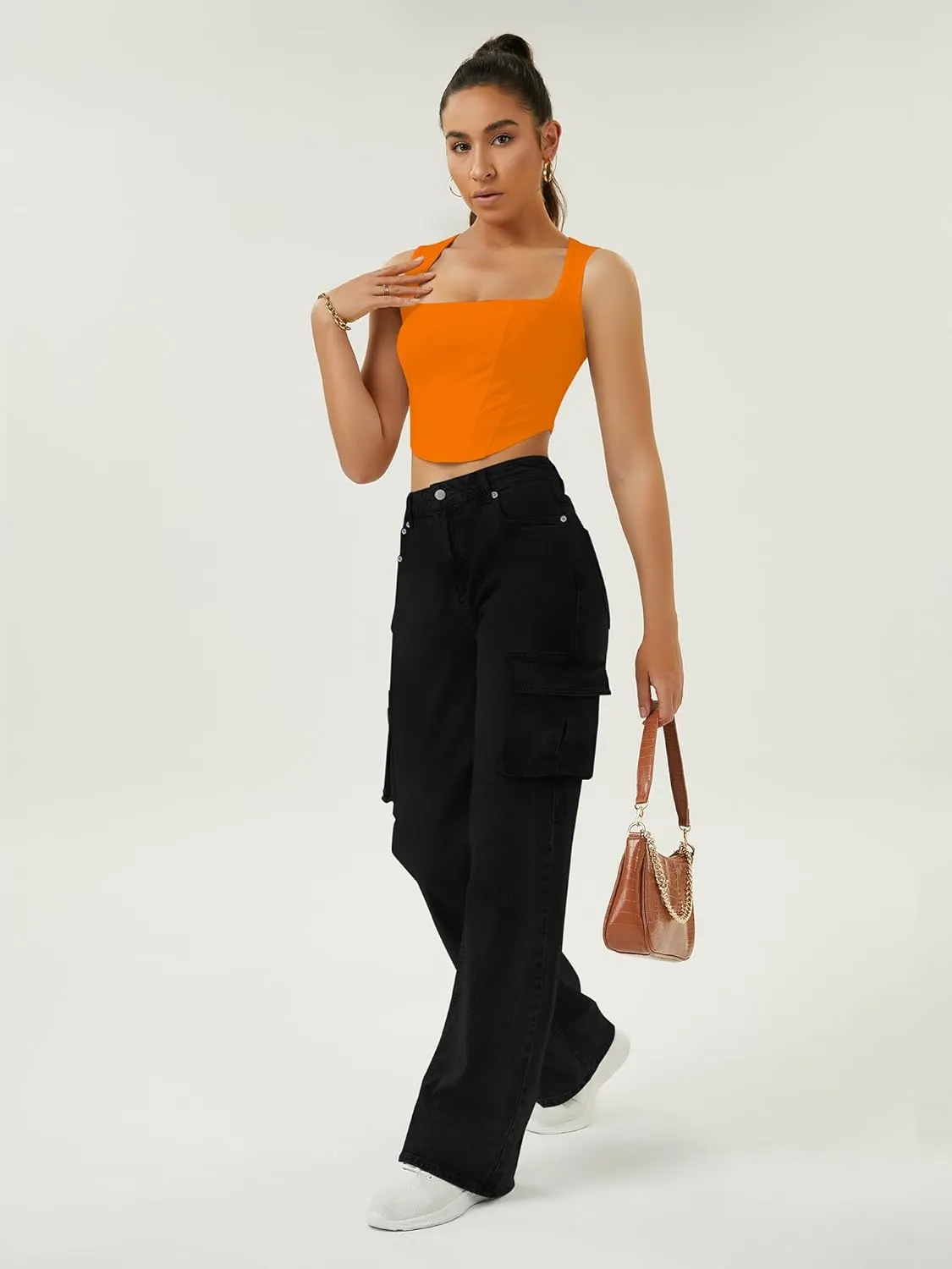 Women High Waisted Cargo Jean for Women with 6 Pockets Straight Wide Leg Jean Casual Baggy Pants