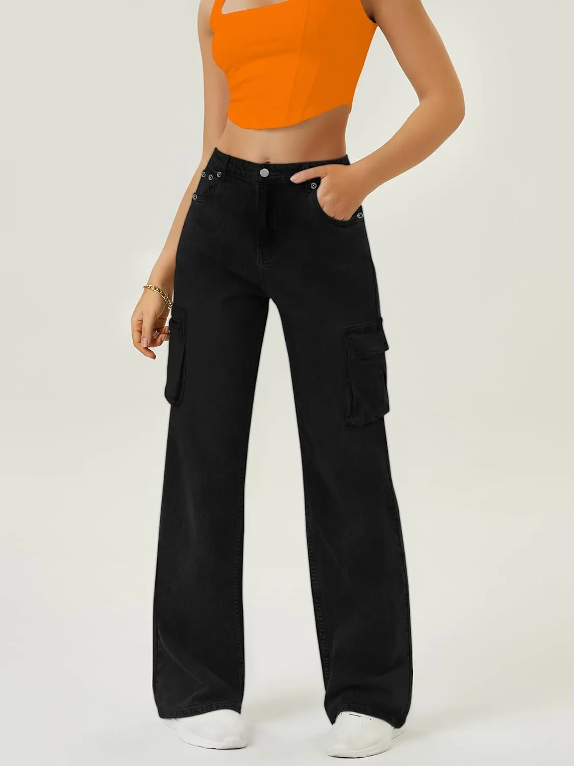 Women High Waisted Cargo Jean for Women with 6 Pockets Straight Wide Leg Jean Casual Baggy Pants