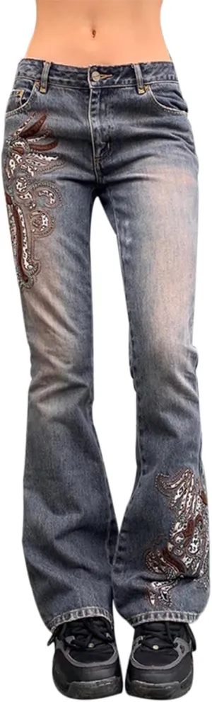 Women High Waisted Pants Y2k Graphic Wide Leg Denim Jeans Straight Casual Loose Baggy Trousers Vintage E-Girl Streetwear
