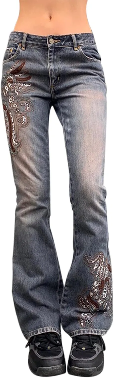 Women High Waisted Pants Y2k Graphic Wide Leg Denim Jeans Straight Casual Loose Baggy Trousers Vintage E-Girl Streetwear