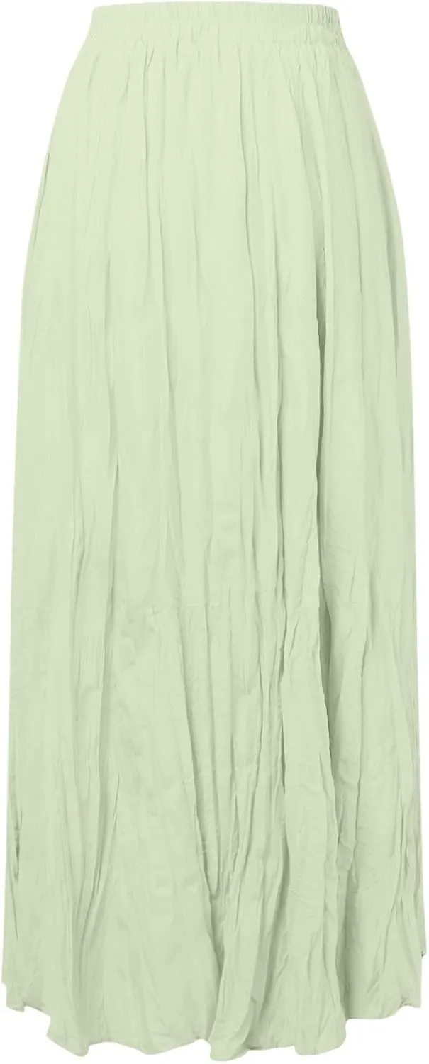 Women Maxi Skirt High Elastic Waist A Line Long Skirt Summer Casual Ruffle Pleated Midi Dress Vintage Wrap Loose