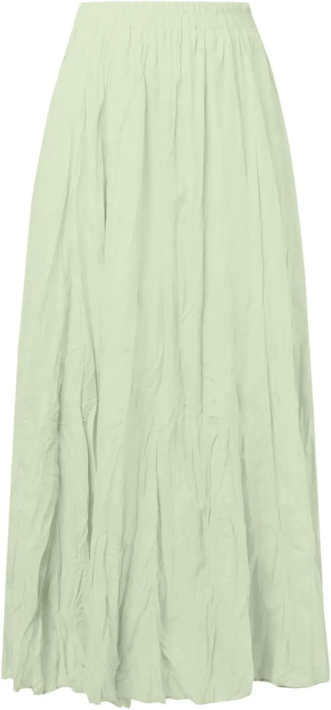 Women Maxi Skirt High Elastic Waist A Line Long Skirt Summer Casual Ruffle Pleated Midi Dress Vintage Wrap Loose