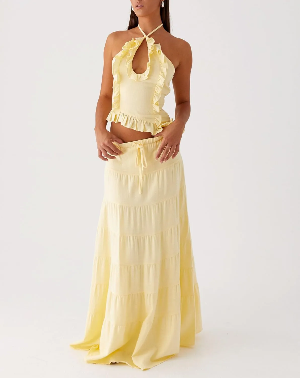 Women Maxi Skirt Set Y2k Sleeveless Backless Halter Top   Drawstring Bodycon Long Skirt Summer 2 Piece Skirt Outfits