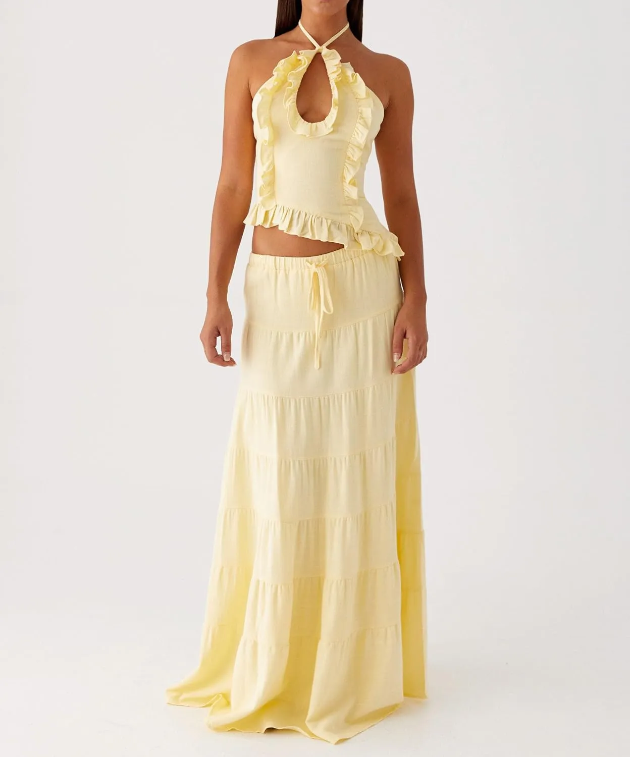 Women Maxi Skirt Set Y2k Sleeveless Backless Halter Top   Drawstring Bodycon Long Skirt Summer 2 Piece Skirt Outfits