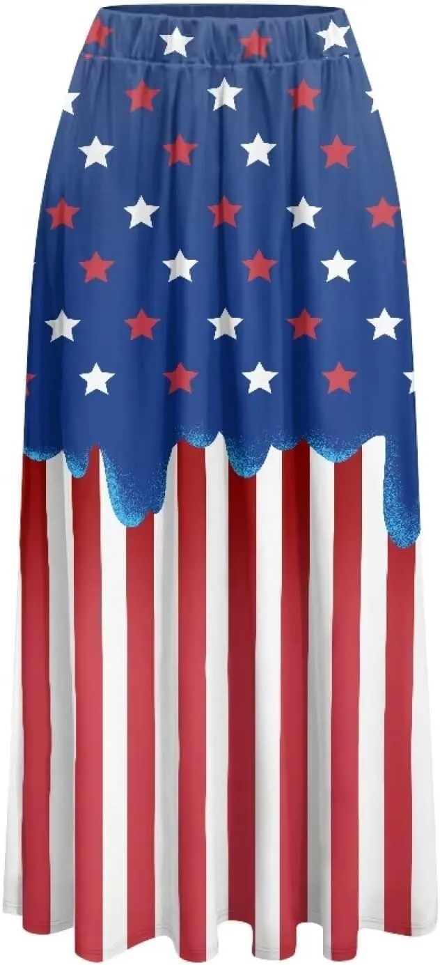Women Pleated Skirt Polyester A-Line Printed Maxi Skirts with Pockets for Vacation Travel Parties