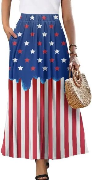 Women Pleated Skirt Polyester A-Line Printed Maxi Skirts with Pockets for Vacation Travel Parties