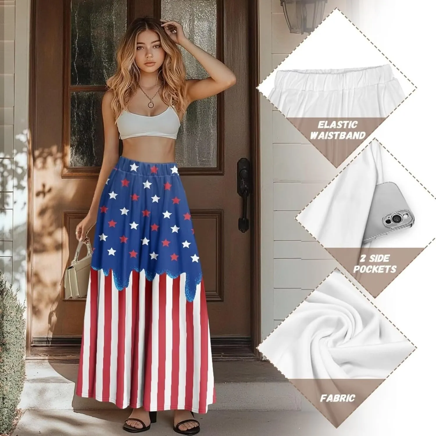 Women Pleated Skirt Polyester A-Line Printed Maxi Skirts with Pockets for Vacation Travel Parties