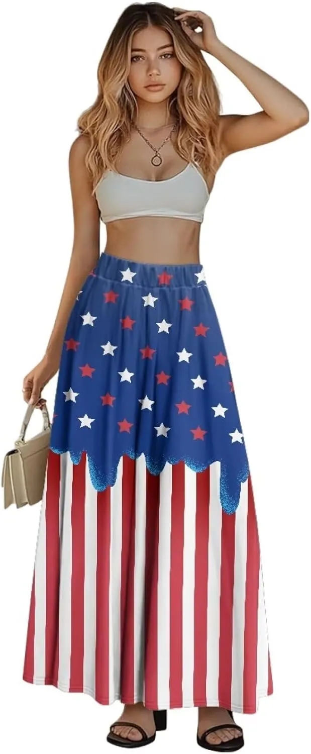 Women Pleated Skirt Polyester A-Line Printed Maxi Skirts with Pockets for Vacation Travel Parties
