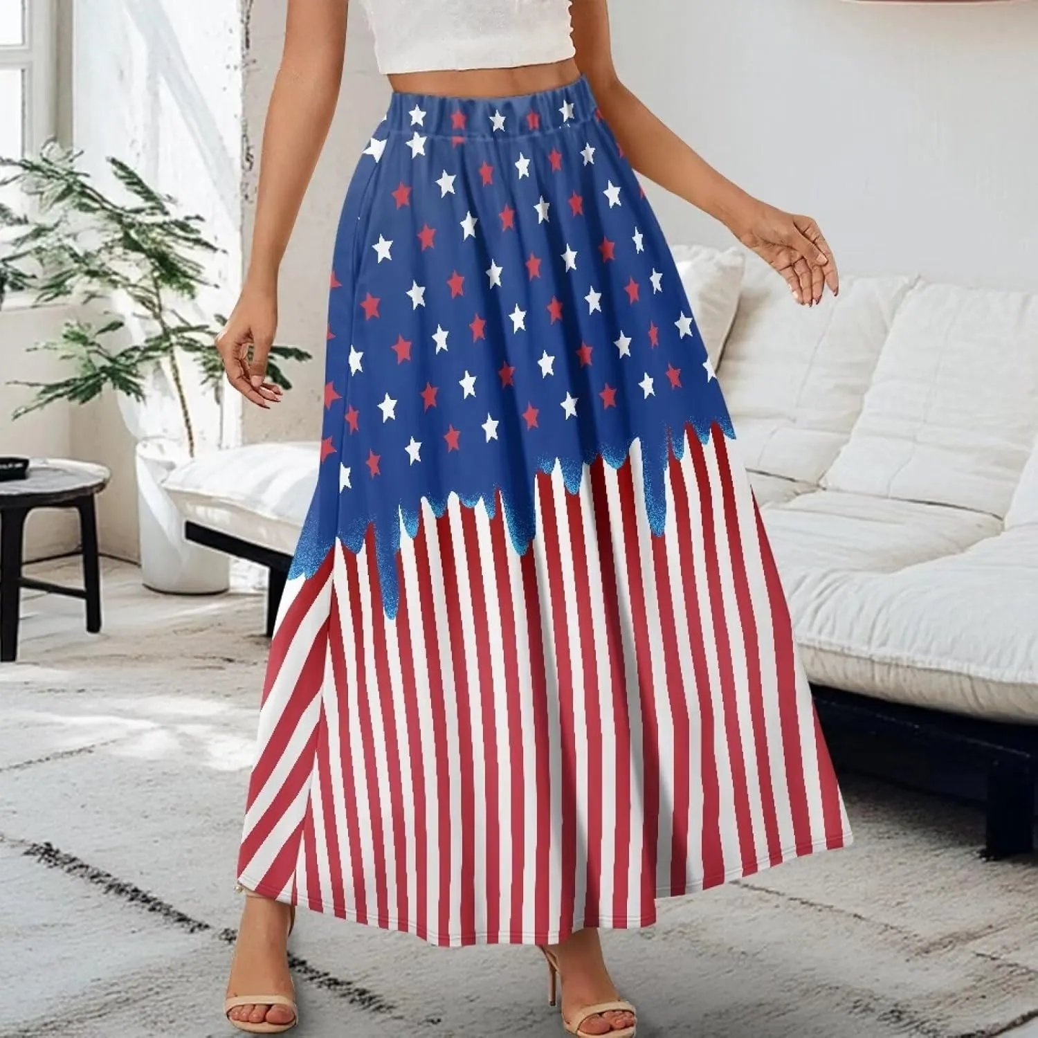 Women Pleated Skirt Polyester A-Line Printed Maxi Skirts with Pockets for Vacation Travel Parties