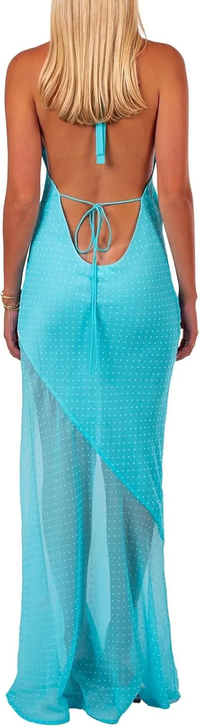 Women Polka Dot Summer Sundress Y2k V Neck Tie Back Spaghetti Strap Maxi Dress 2025 Slim Fit A Line Beachwear