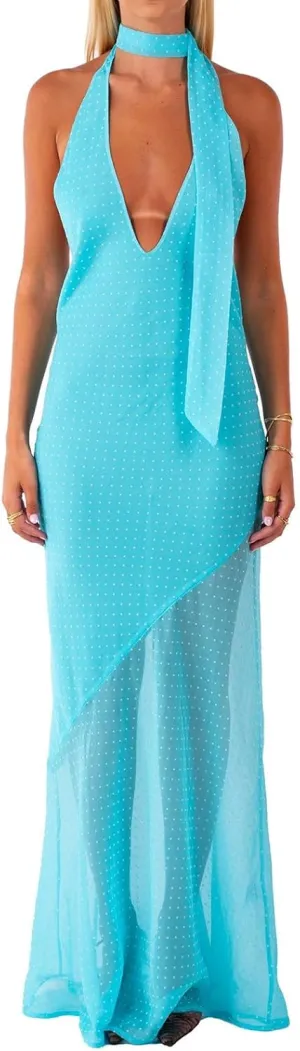 Women Polka Dot Summer Sundress Y2k V Neck Tie Back Spaghetti Strap Maxi Dress 2025 Slim Fit A Line Beachwear