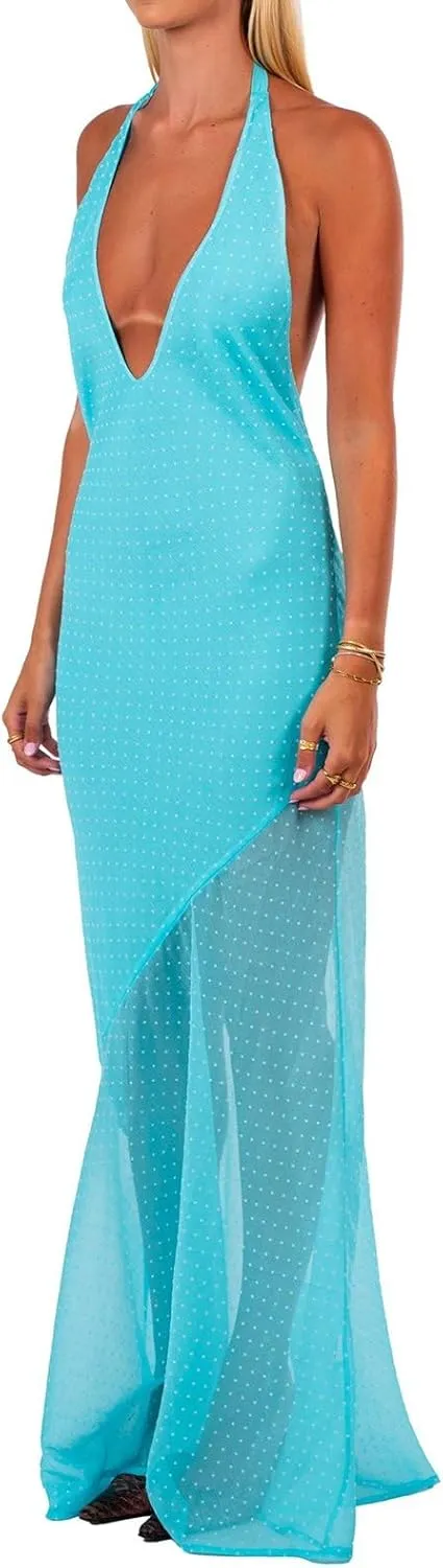 Women Polka Dot Summer Sundress Y2k V Neck Tie Back Spaghetti Strap Maxi Dress 2025 Slim Fit A Line Beachwear