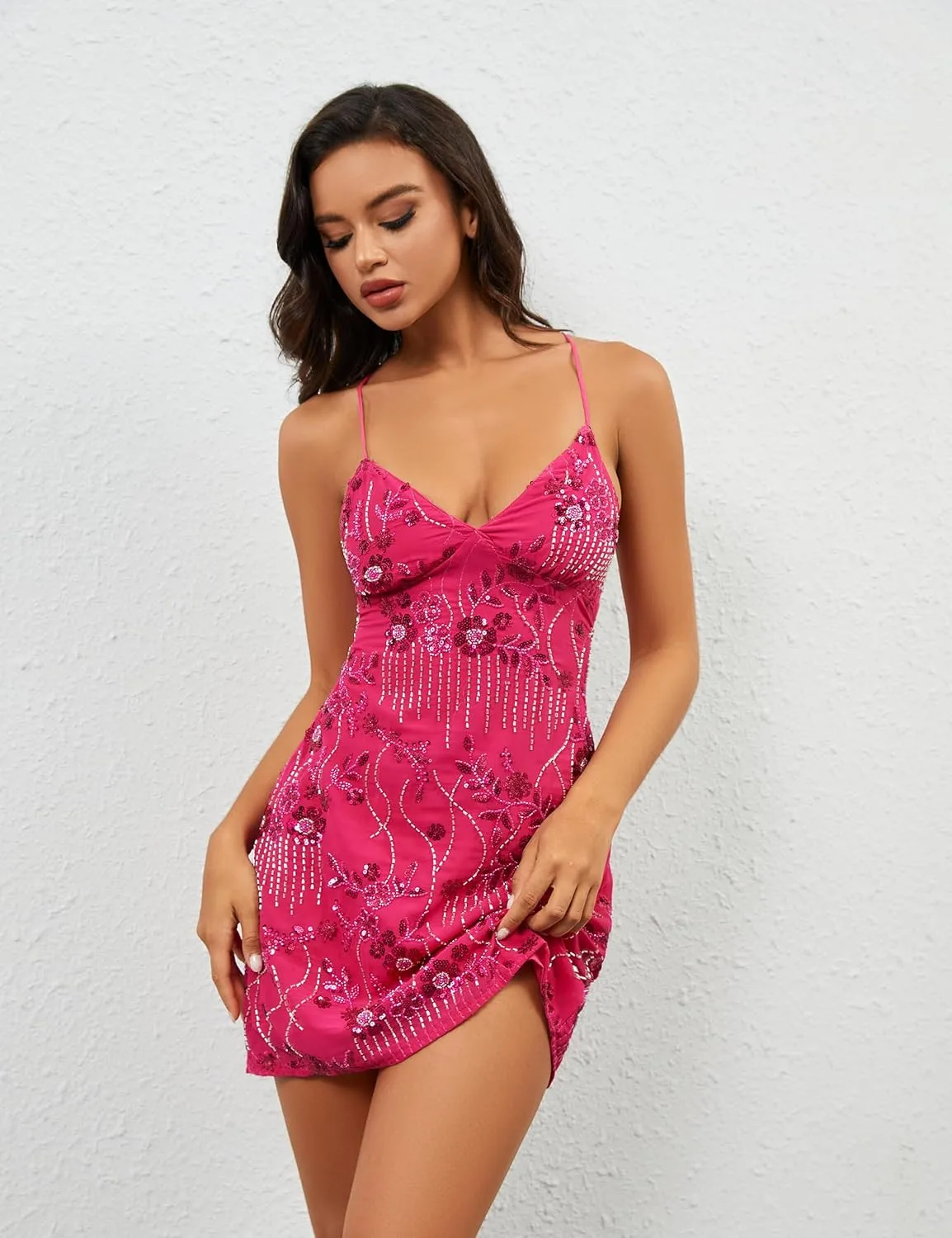 Women Sequin Sparkly Rhinestone Mini Dress Sleeveless Backless Deep V Neck Glitter Short Cami Dress Party Clubwear