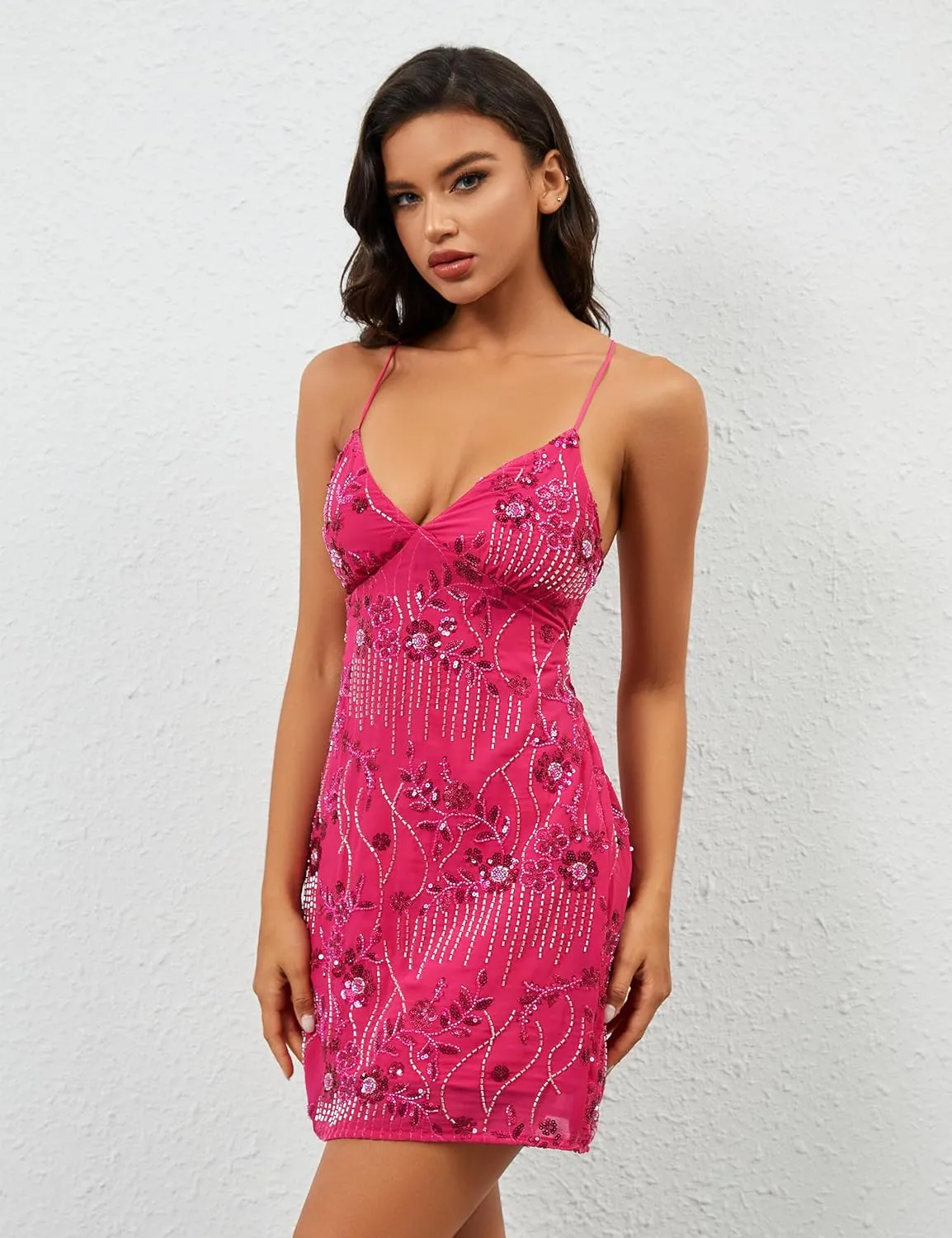 Women Sequin Sparkly Rhinestone Mini Dress Sleeveless Backless Deep V Neck Glitter Short Cami Dress Party Clubwear