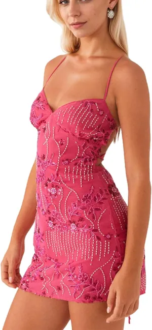 Women Sequin Sparkly Rhinestone Mini Dress Sleeveless Backless Deep V Neck Glitter Short Cami Dress Party Clubwear