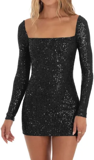 Women Sexy Long Sleeve Sparkly Sequin Bodycon Mini Dress Square Neck See Through Backless Self Tie Up Short Dress