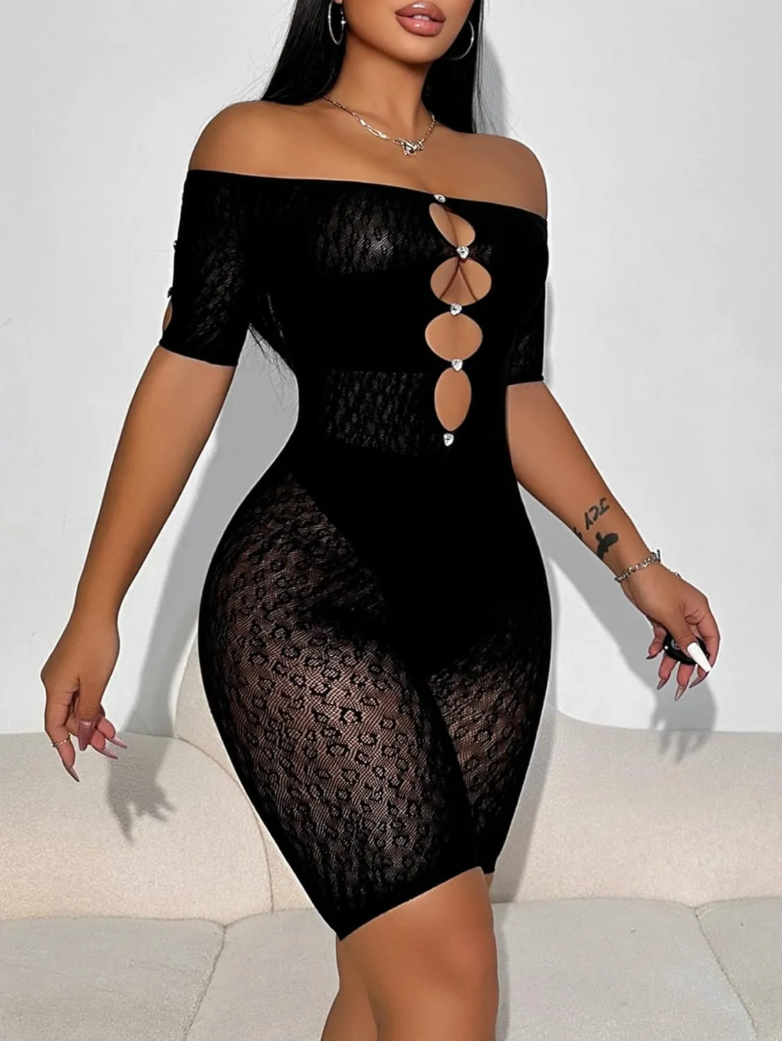 Women Sexy See Through Rhinestone Mesh Off The Shoulder Hollow Leopard Print Short Sleeve One Piece Jumpsuit