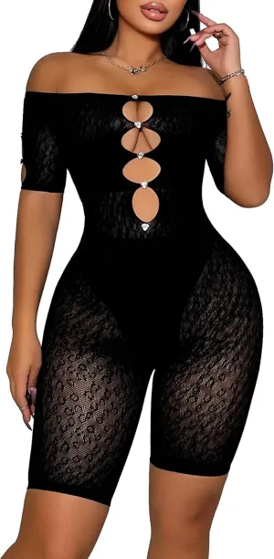 Women Sexy See Through Rhinestone Mesh Off The Shoulder Hollow Leopard Print Short Sleeve One Piece Jumpsuit