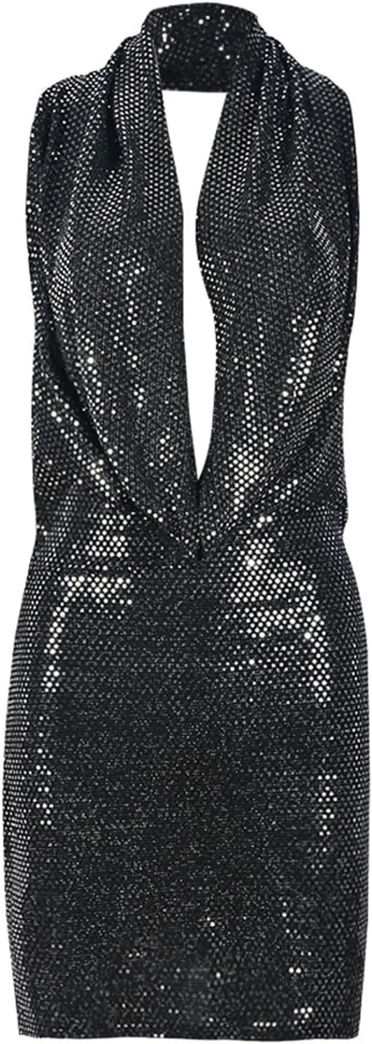 Women Sexy V-Neck Bodycon Sequin Mini Dress Hooded Sparkly Dresses for Party Club Night