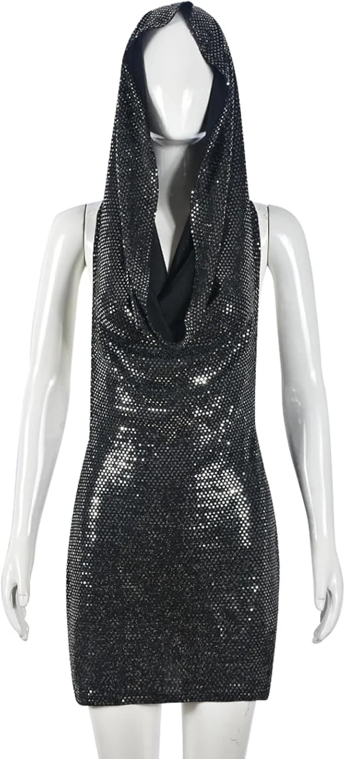 Women Sexy V-Neck Bodycon Sequin Mini Dress Hooded Sparkly Dresses for Party Club Night