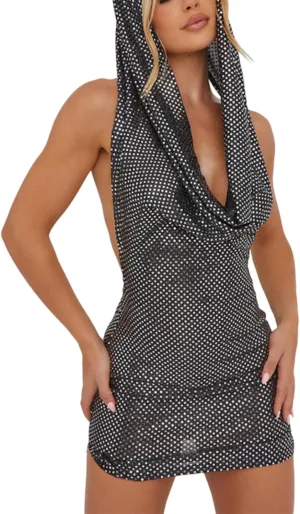 Women Sexy V-Neck Bodycon Sequin Mini Dress Hooded Sparkly Dresses for Party Club Night