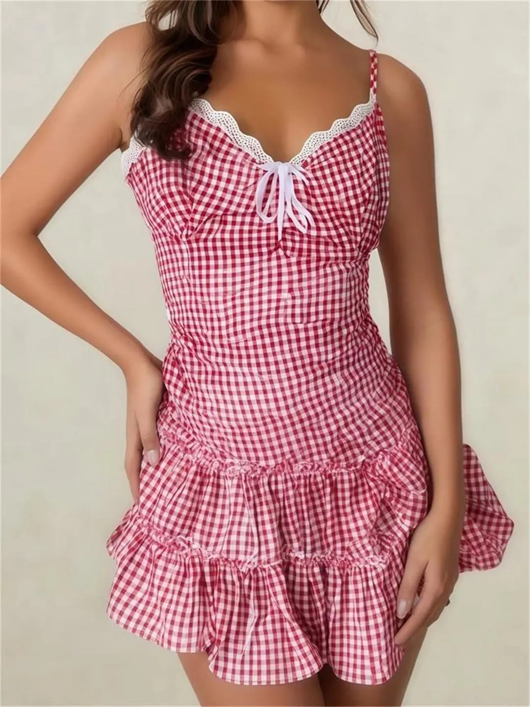 Women Sleeveless Strap Mini Dress Casual Lace Trim Plaid Print Backless Ruffles Party Dress Vacation Beach Streetwear
