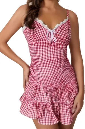 Women Sleeveless Strap Mini Dress Casual Lace Trim Plaid Print Backless Ruffles Party Dress Vacation Beach Streetwear