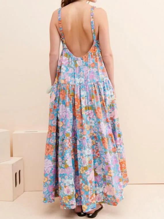 Women Summer Boho Maxi Dress Y2k Floral Print Sleeveless Flowy Long Dress Vintage Spaghetti Strap Beach Sundress