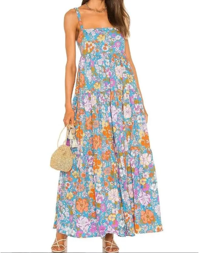 Women Summer Boho Maxi Dress Y2k Floral Print Sleeveless Flowy Long Dress Vintage Spaghetti Strap Beach Sundress