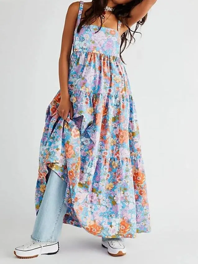 Women Summer Boho Maxi Dress Y2k Floral Print Sleeveless Flowy Long Dress Vintage Spaghetti Strap Beach Sundress