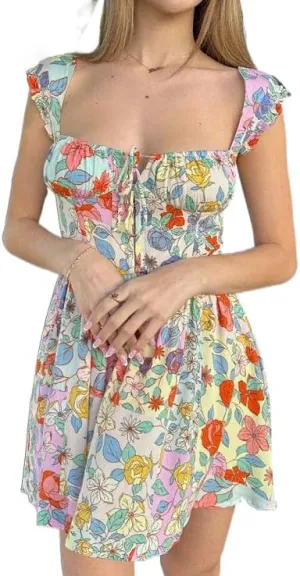 Women Summer Floral Swing Mini Dress Tie Front Square Neck Backless Dress Ruffle Flowy Short Beach Sundress