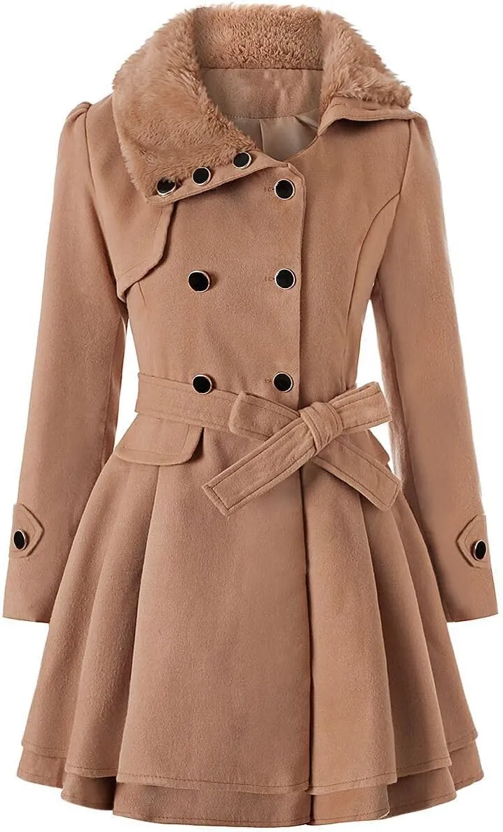 Women Winter Warm Coat Double Breasted Trench Long Sleeve Peacoat Faux Fur Collar Lapel Flared Hem Belted Jacket