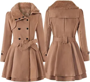 Women Winter Warm Coat Double Breasted Trench Long Sleeve Peacoat Faux Fur Collar Lapel Flared Hem Belted Jacket