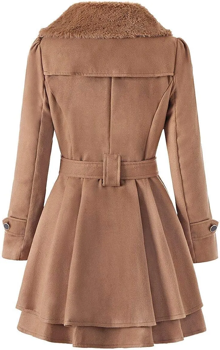 Women Winter Warm Coat Double Breasted Trench Long Sleeve Peacoat Faux Fur Collar Lapel Flared Hem Belted Jacket