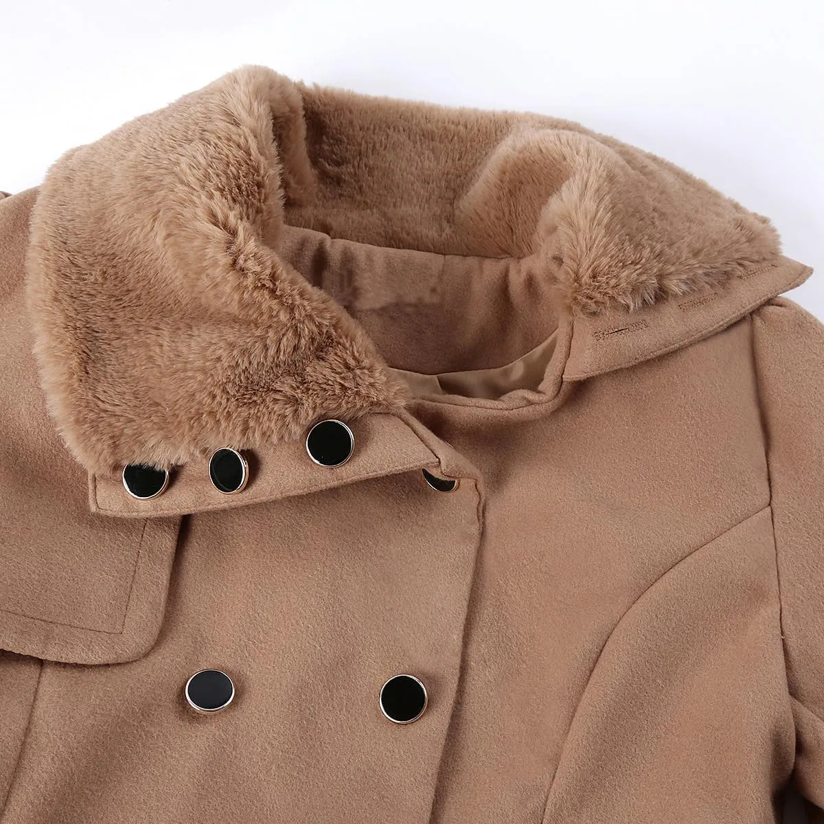 Women Winter Warm Coat Double Breasted Trench Long Sleeve Peacoat Faux Fur Collar Lapel Flared Hem Belted Jacket