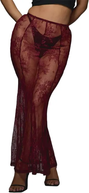 Women Y2k Lace Long Skirt Sexy See Through Maxi Skirt Cute High Waist Sheer Skirt Lace Club Party Skirt Streetwear