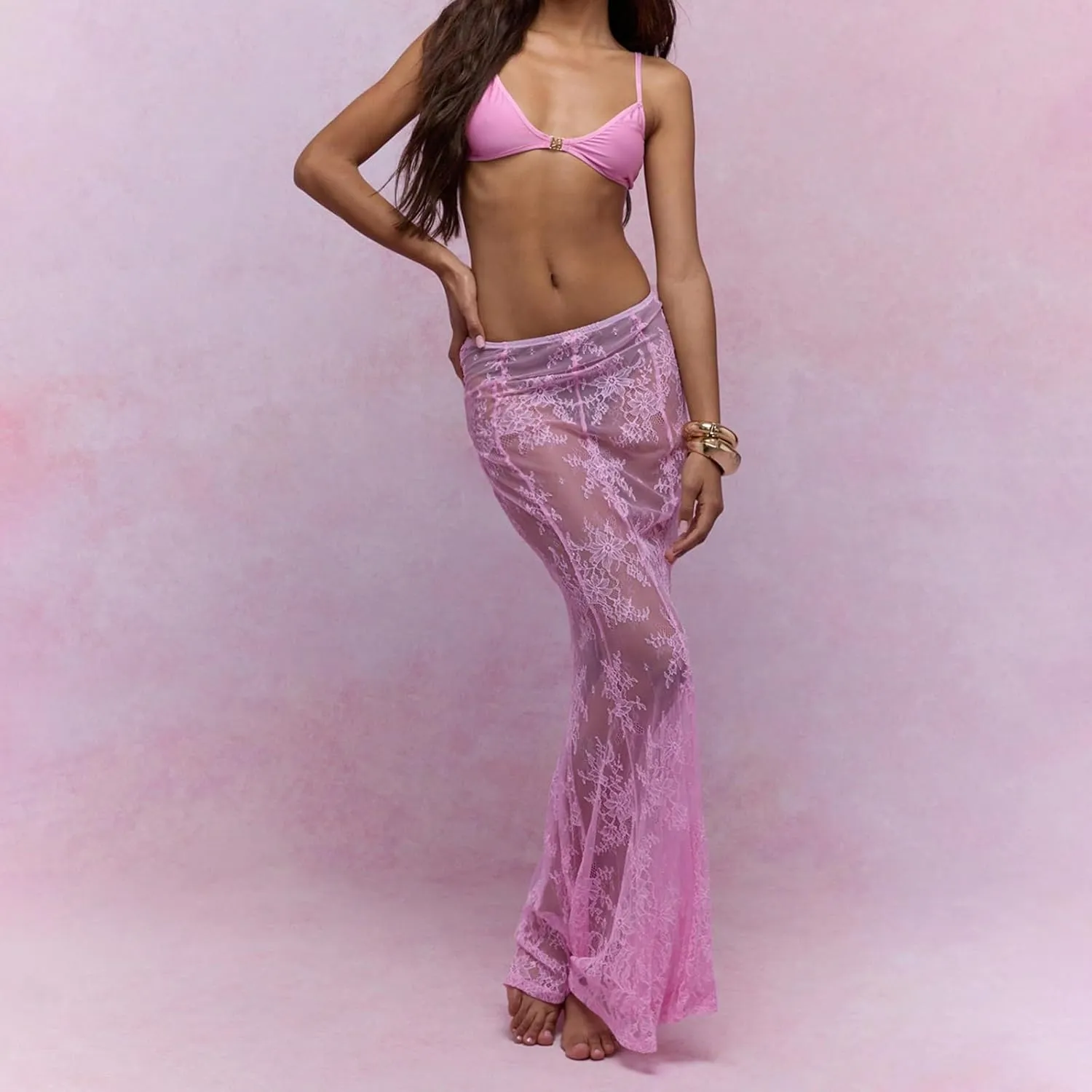 Women Y2k Lace Long Skirt Sexy See Through Maxi Skirt Cute High Waist Sheer Skirt Lace Club Party Skirt Streetwear