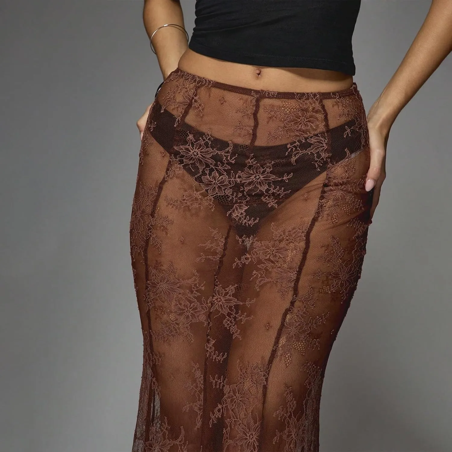 Women Y2k Lace Long Skirt Sexy See Through Maxi Skirt Cute High Waist Sheer Skirt Lace Club Party Skirt Streetwear
