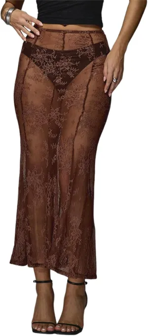 Women Y2k Lace Long Skirt Sexy See Through Maxi Skirt Cute High Waist Sheer Skirt Lace Club Party Skirt Streetwear