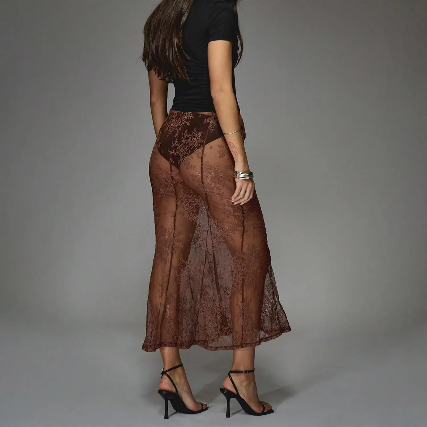 Women Y2k Lace Long Skirt Sexy See Through Maxi Skirt Cute High Waist Sheer Skirt Lace Club Party Skirt Streetwear