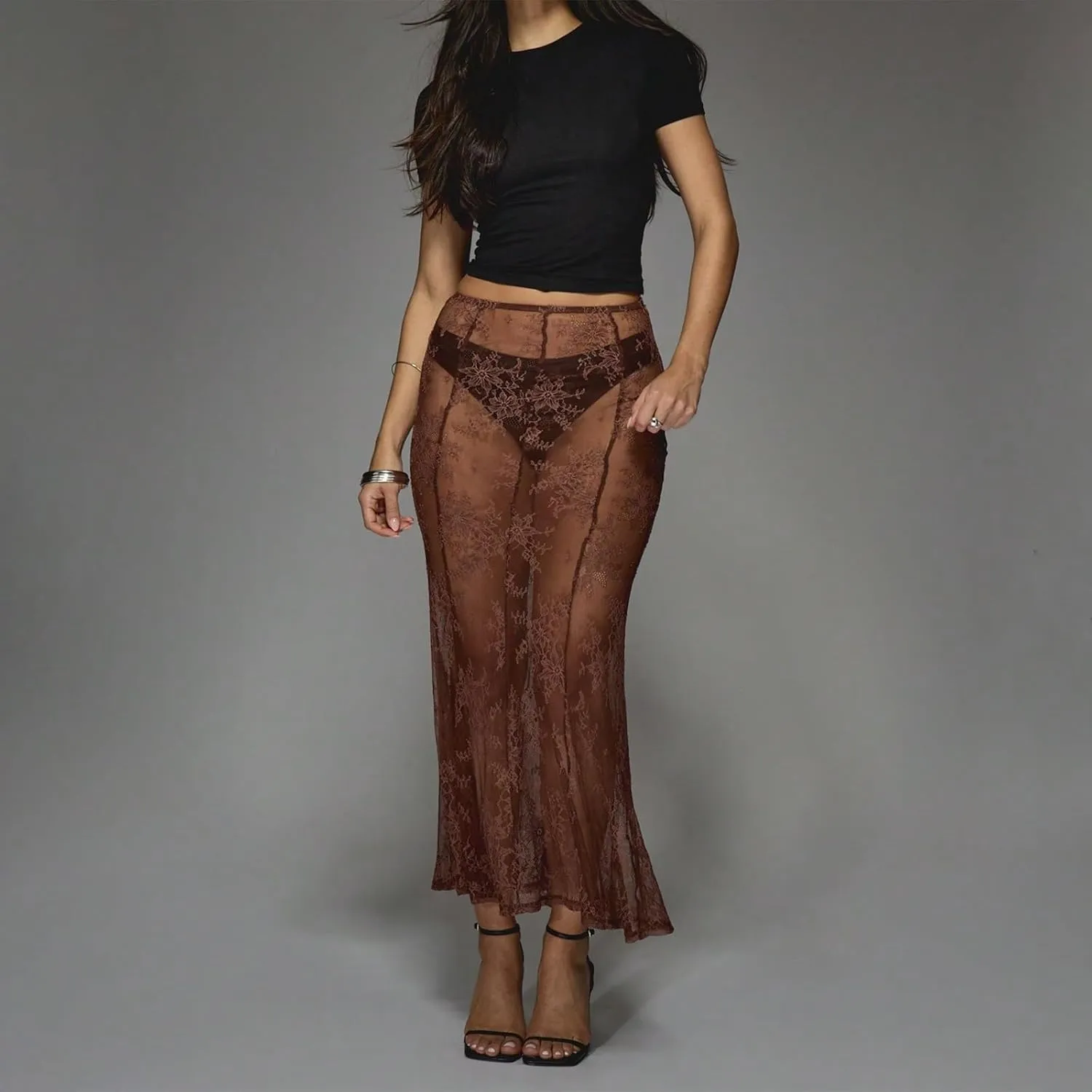 Women Y2k Lace Long Skirt Sexy See Through Maxi Skirt Cute High Waist Sheer Skirt Lace Club Party Skirt Streetwear